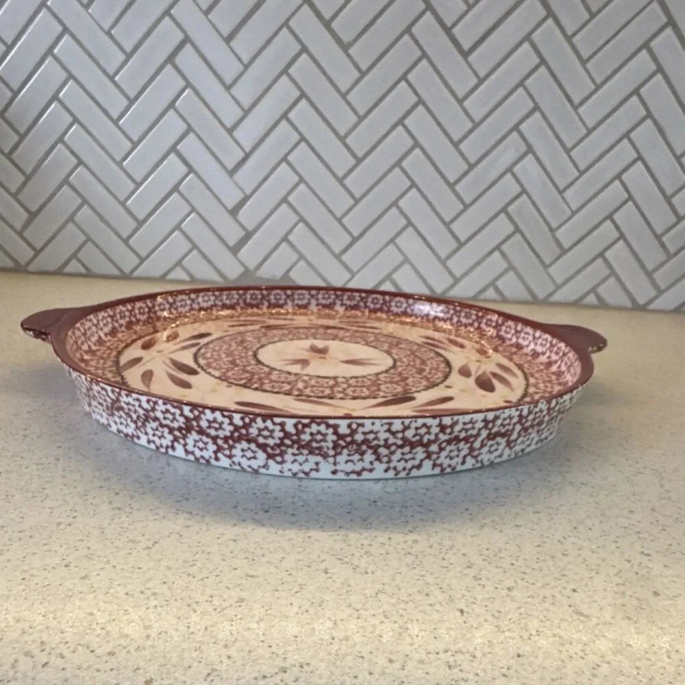 Temp-tations Old World Ceramic Round 2 qt Baking Dish, Oven Safe, Red/White